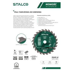 Piła tarczowa do drewna 165x24tx20mm STALCO S-34114